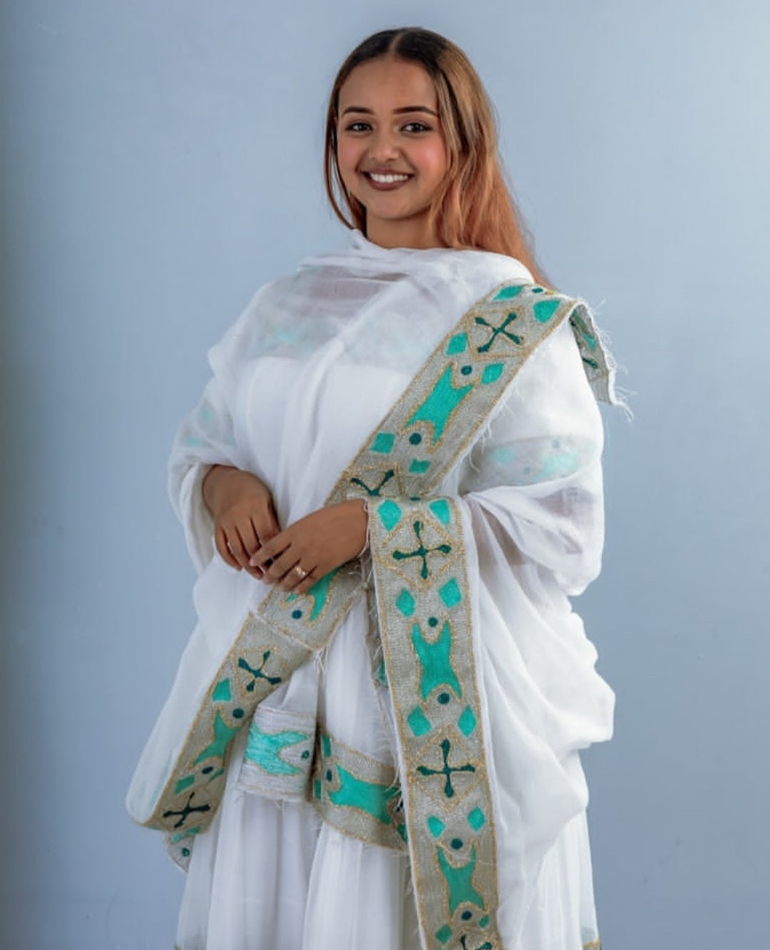 White & Teal Simple Habesha Kemis for Everyday Elegance Bezawit