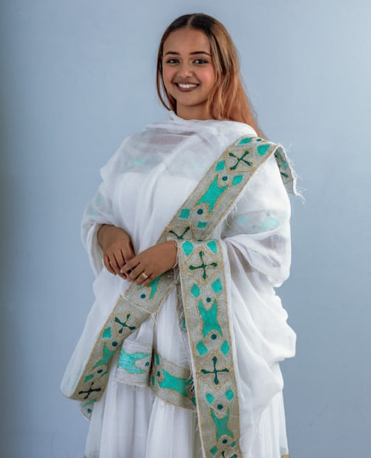 White & Teal Simple Habesha Kemis for Everyday Elegance Bezawit