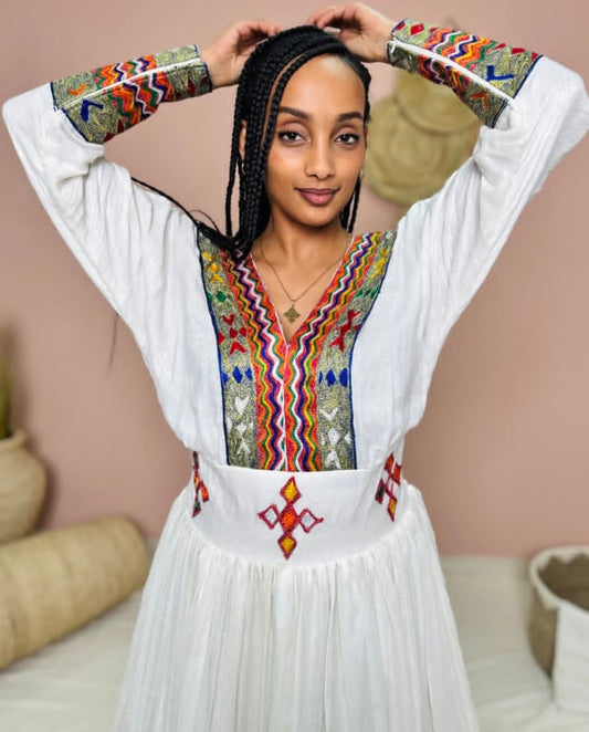 Vibrant White & Multi-Color Habesha Kemis with Bold Sleeves Bezawit