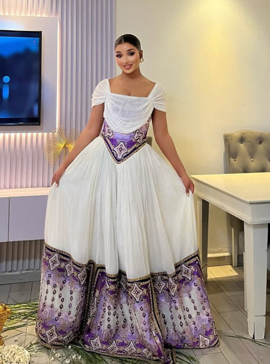 Elegant White & Lavender Custom Habesha Dress with Draped Neckline Bezawit