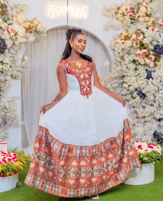 Festive White & orange Tone Ethiopian Dress with Geometric Patterns Bezawit