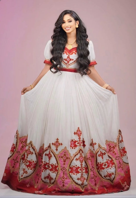 Romantic Blush: Custom Habesha Dress in Pink & Red Bezawit