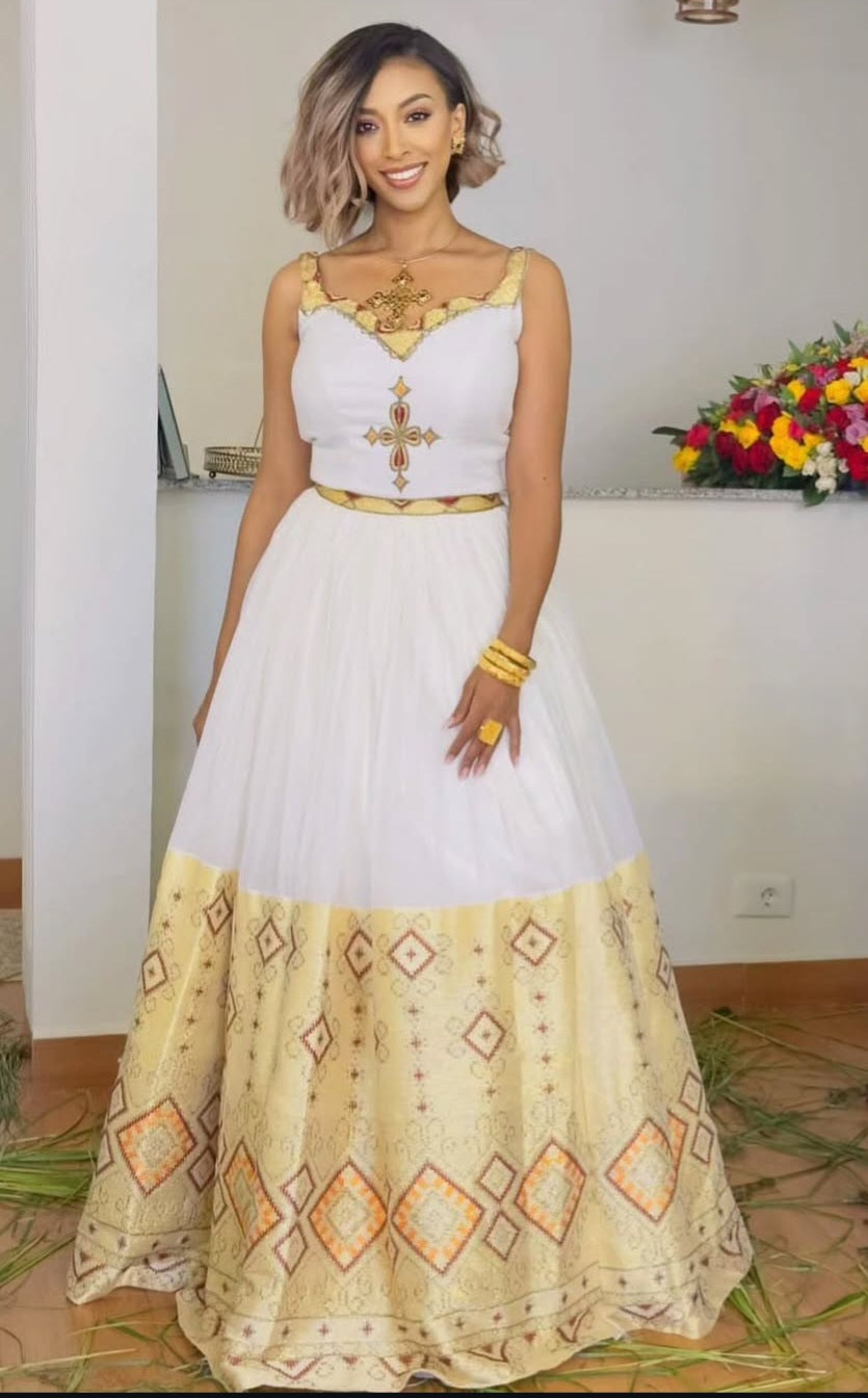 yellow Habesha Dress for Women – Sleeveless Ethiopian Dress with Gold Hem Bezawit