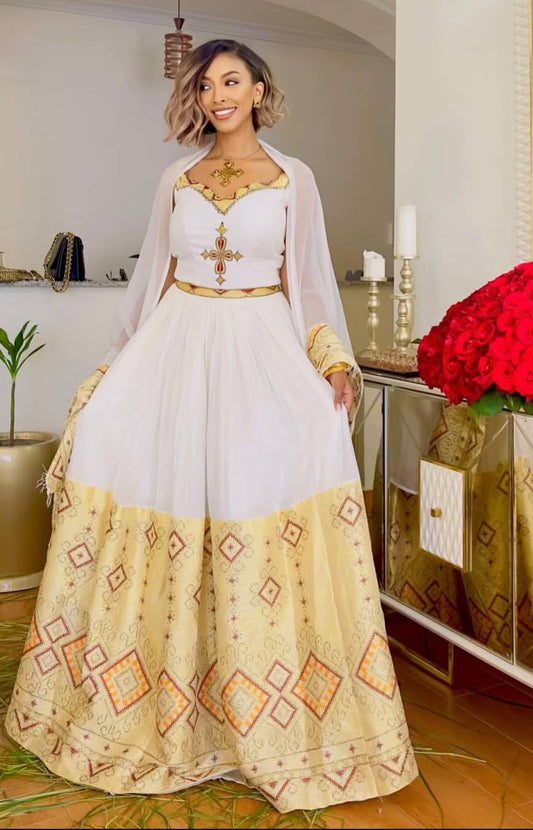 yellow Habesha Dress for Women – Sleeveless Ethiopian Dress with Gold Hem Bezawit