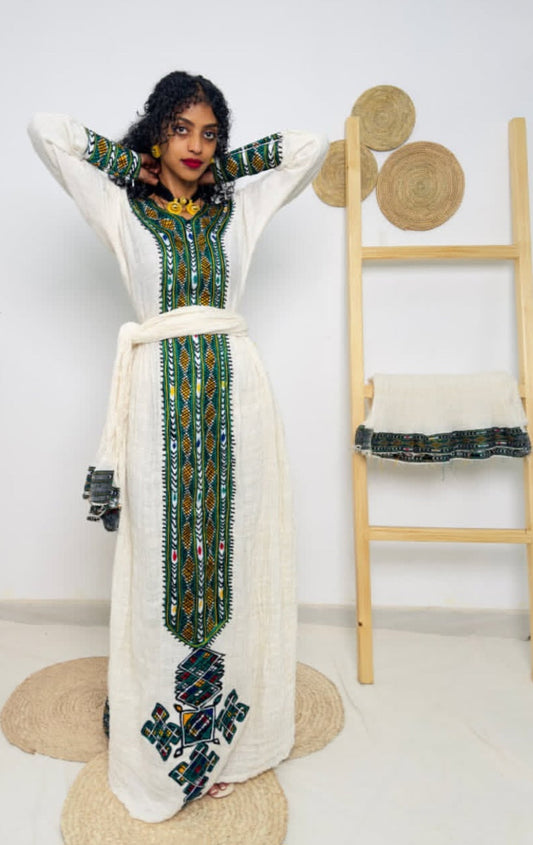Emerald Grandeur: Green Gonder Fetel Ethiopian Dress Bezawit