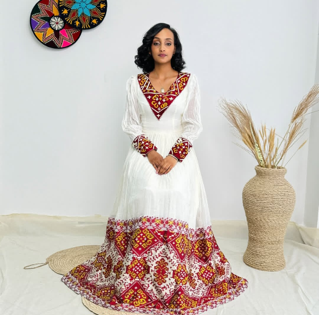 Rich Red & White Habesha Dress with Ornate Long Sleeves Bezawit