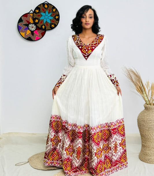 Rich Red & White Habesha Dress with Ornate Long Sleeves Bezawit