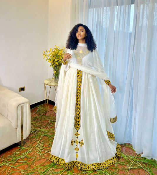 Golden Radiance: Elegant Modern Habesha Dress with Yellow Accents Bezawit