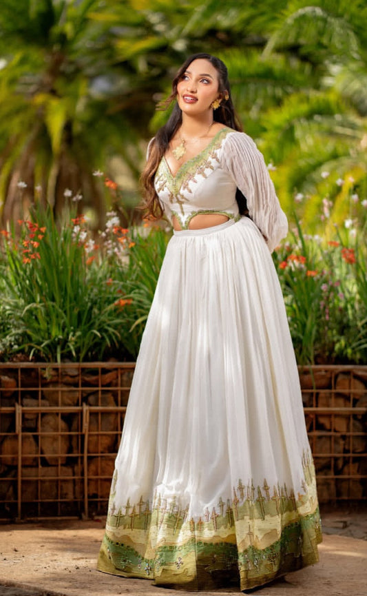 Elegant White Habesha Dress for Women - Modern Ethiopian Attire with Green Trim Bezawit