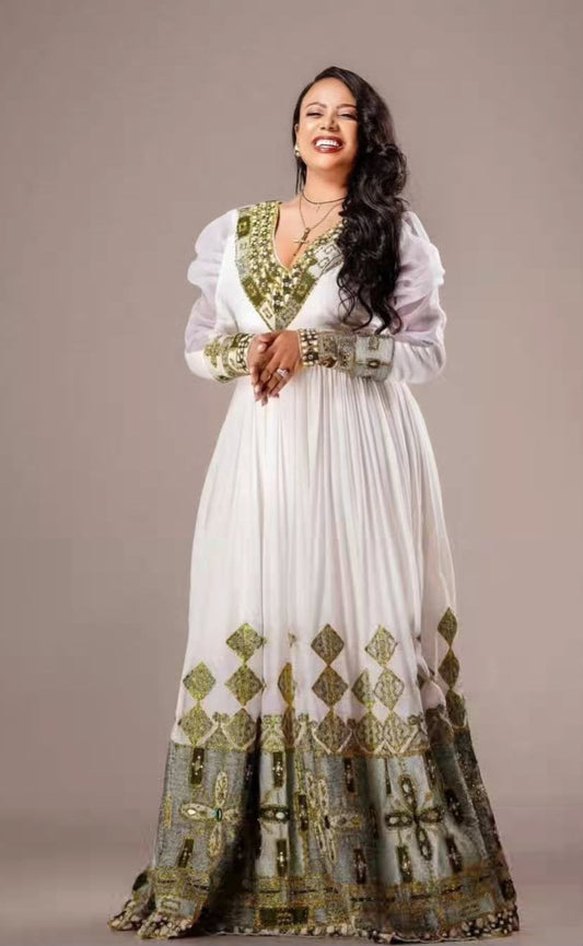 Graceful White Ethiopian Zuria Dress - Traditional Habesha Kemis with Green Accents Bezawit