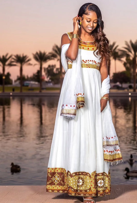 Classic White Habesha Dress - Ethiopian Cultural Attire with Gold & Red Embroidery Bezawit