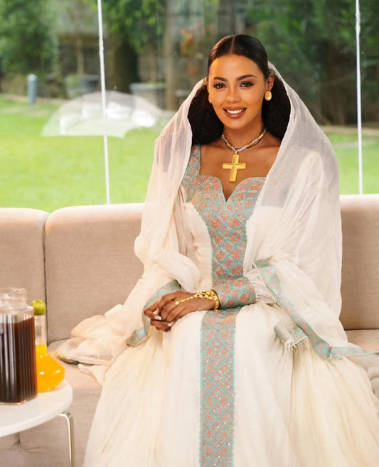 Regal White Habesha Wedding Dress - Traditional Ethiopian Attire with light Blue Details Bezawit