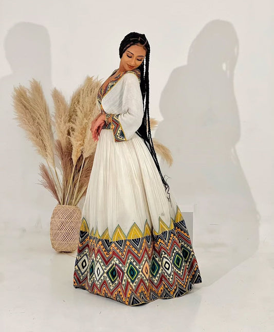 Vibrant Modern Habesha Dress - Ethiopian Traditional Attire with Multi-Color Patterns Bezawit