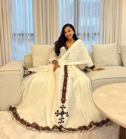 White Habesha Kemis - Classic Ethiopian Dress with silver & Gold Details Bezawit