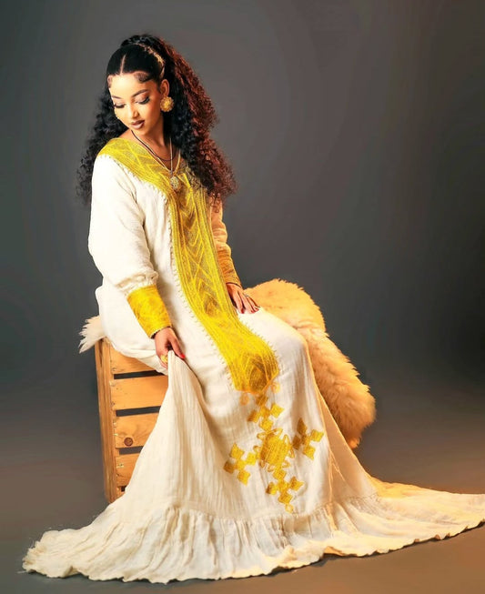Exquisite Gold Habesha Dress - Traditional Ethiopian Zuria with Intricate yellow Embroidery Bezawit