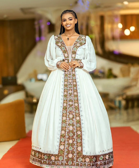Refined White & Olive Green Habesha Dress Design with Long Sleeves Bezawit