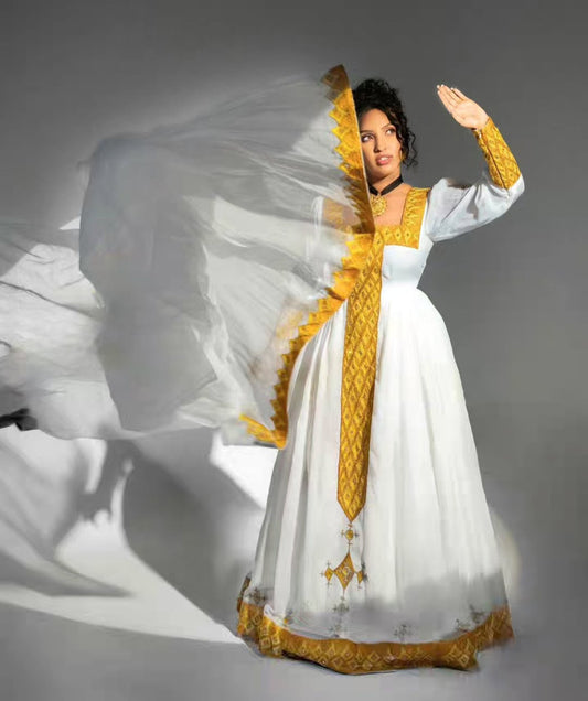 Dazzling White & Golden Yellow Traditional Ethiopian Dress with High Collar Bezawit