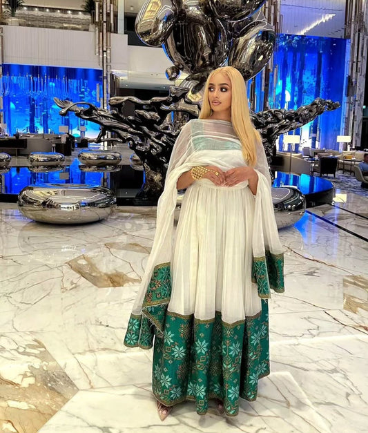 Cool White & dark green Modern Habesha Dress with Fresh Style Bezawit