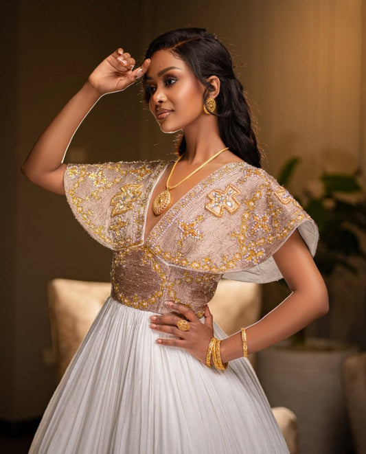 Elegant Cream & Gold Traditional Ethiopian Dress Bezawit