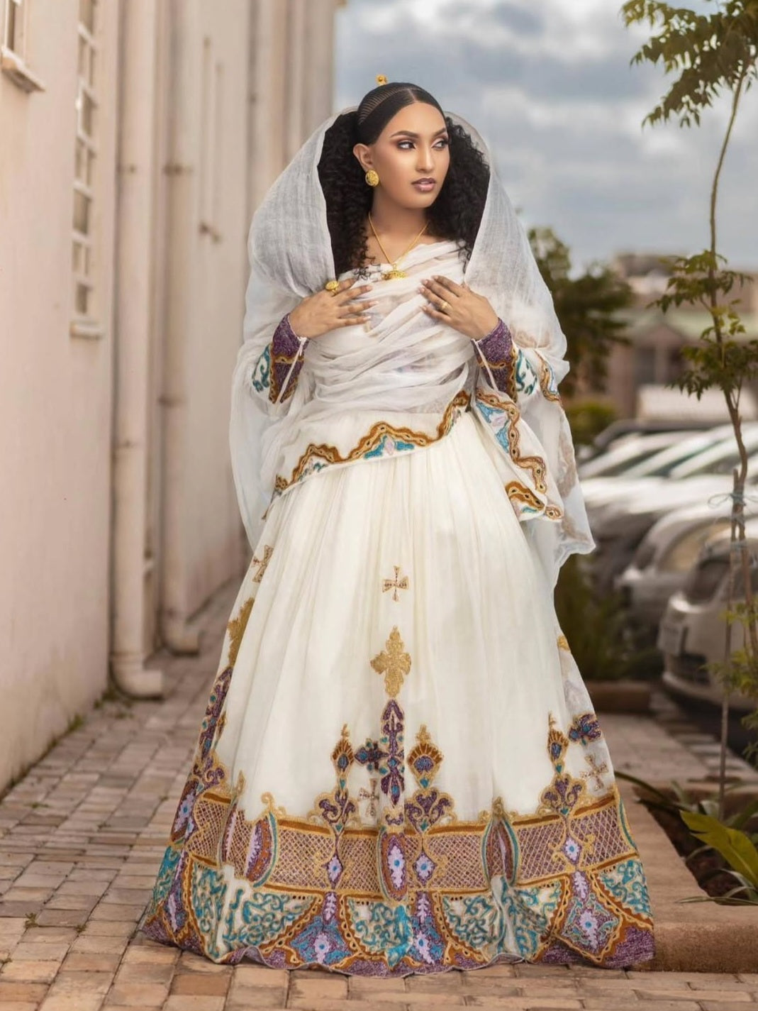 Pure White & grey Habesha Kemis for Dignified Events Bezawit