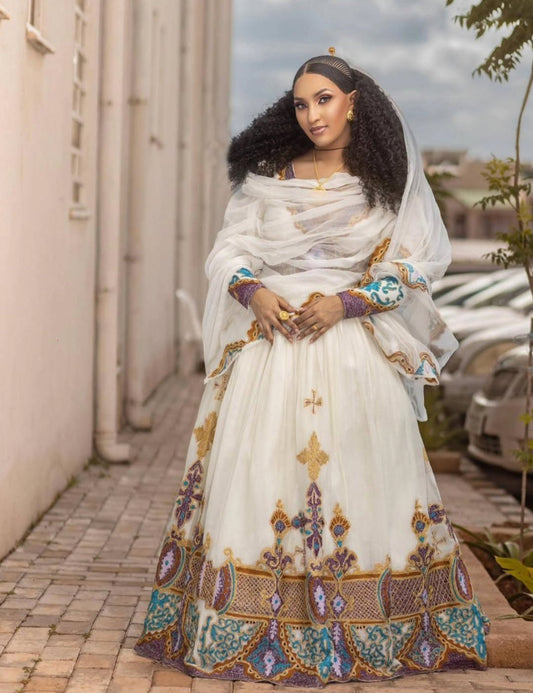 Pure White & grey Habesha Kemis for Dignified Events Bezawit
