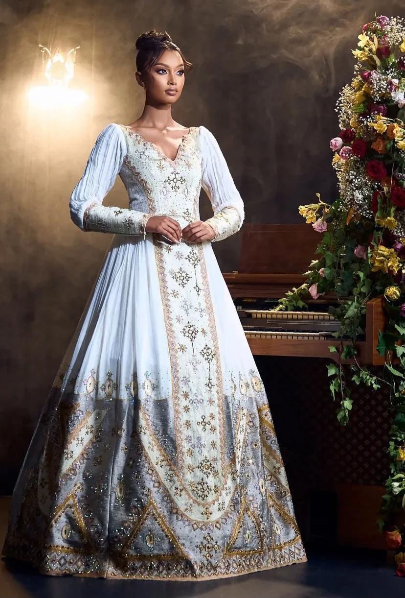 Festive White & Rich siliver Modern Ethiopian Dress with Lantern Sleev