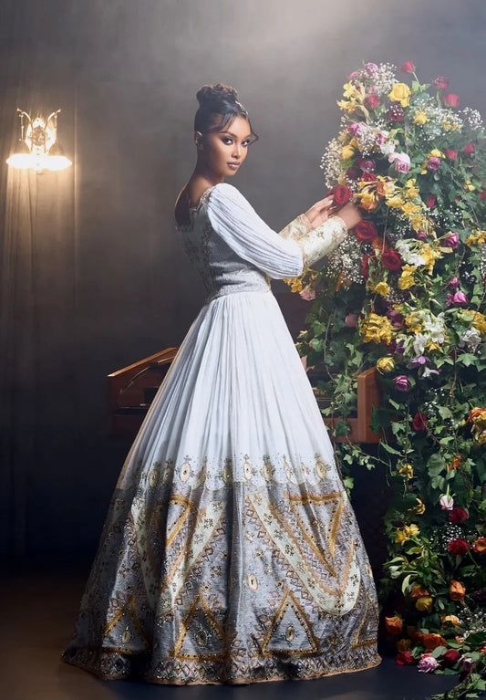 Festive White & Rich siliver Modern Ethiopian Dress with Lantern Sleeves Bezawit