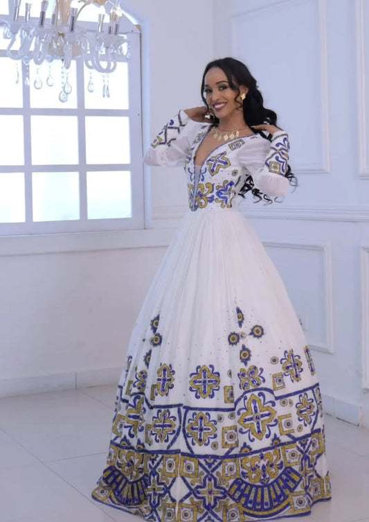Elegant Cream & Royal Purple Traditional Eritrean Dress with Detailed Neckline Bezawit