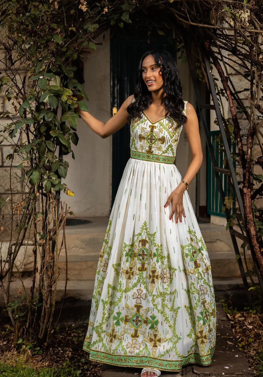 Fresh White & Multi-Color Modern Ethiopian Dress with Bright Embroidery