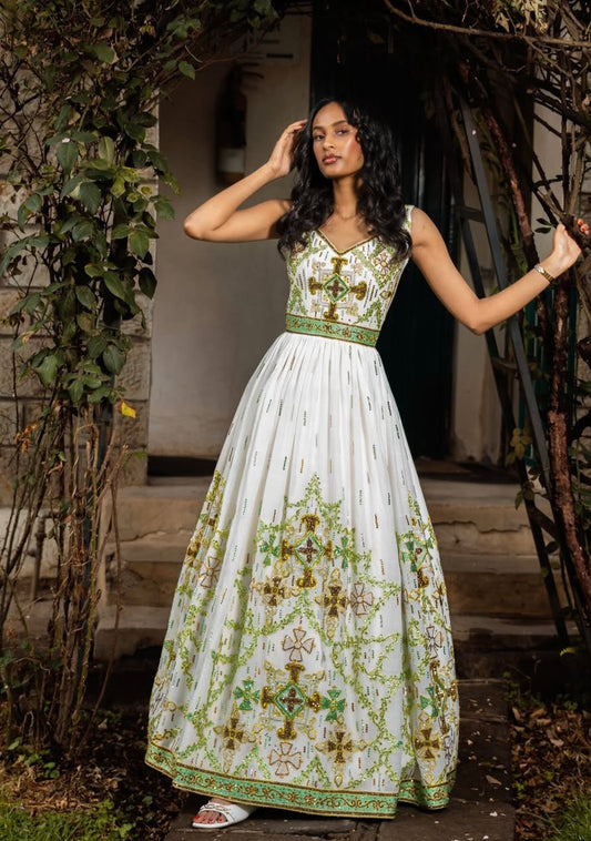 Fresh White & Multi-Color Modern Ethiopian Dress with Bright Embroidery Bezawit