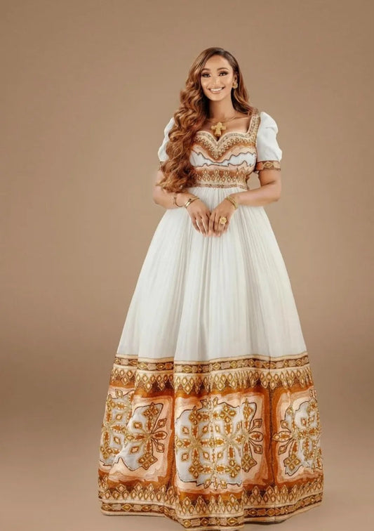 Bold White & Red Ethiopian Dress with Modern Flare Bezawit