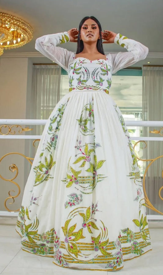 Artistic Eritrean Dress: Unique Floral Zuria in White & Green Bezawit
