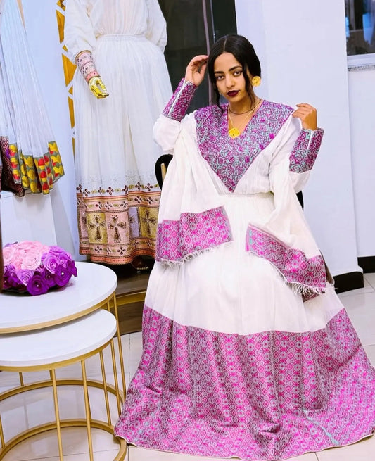 Modern Habesha Dress: Vibrant Pink & White Ethiopian Style Bezawit