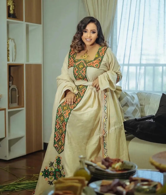 Elegant Habesha Kemis - Traditional Ethiopian Dress with Black & Gold Embroidery Bezawit