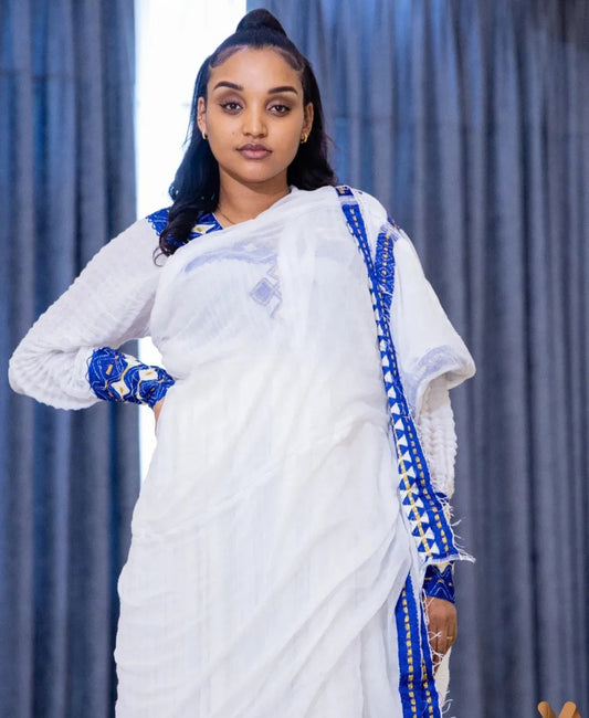 Modern Habesha Dress for Women - Stylish White Zuria with Blue & White Pattern Bezawit