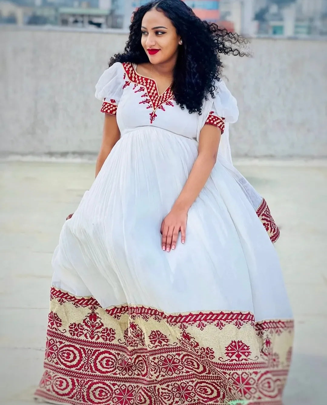 Traditional Ethiopian Habesha Dress for Women - White Habesha Kemis with Red Tibeb Bezawit