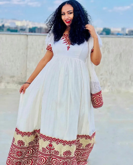 Traditional Ethiopian Habesha Dress for Women - White Habesha Kemis with Red Tibeb Bezawit