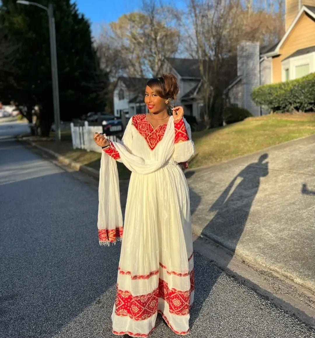 Traditional Ethiopian Habesha Kemis Dress - Handmade White Zuria with Red Borders Bezawit