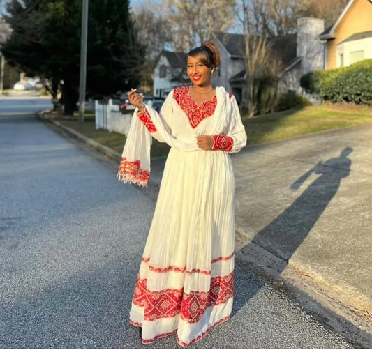 Traditional Ethiopian Habesha Kemis Dress - Handmade White Zuria with Red Borders Bezawit