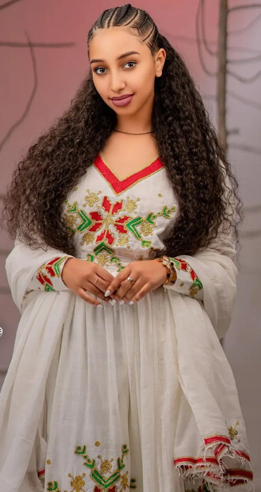 Elegant Habesha Dress for Women - white dress with red and green embroidery Bezawit