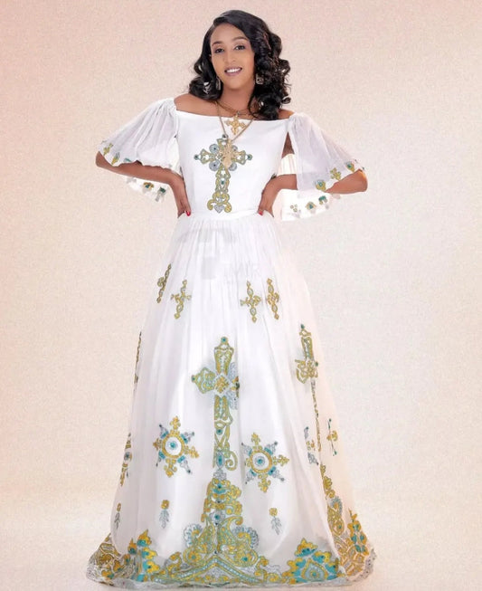 Custom Habesha Dress for Weddings- off-shoulder white dress with large cross embroidery Bezawit
