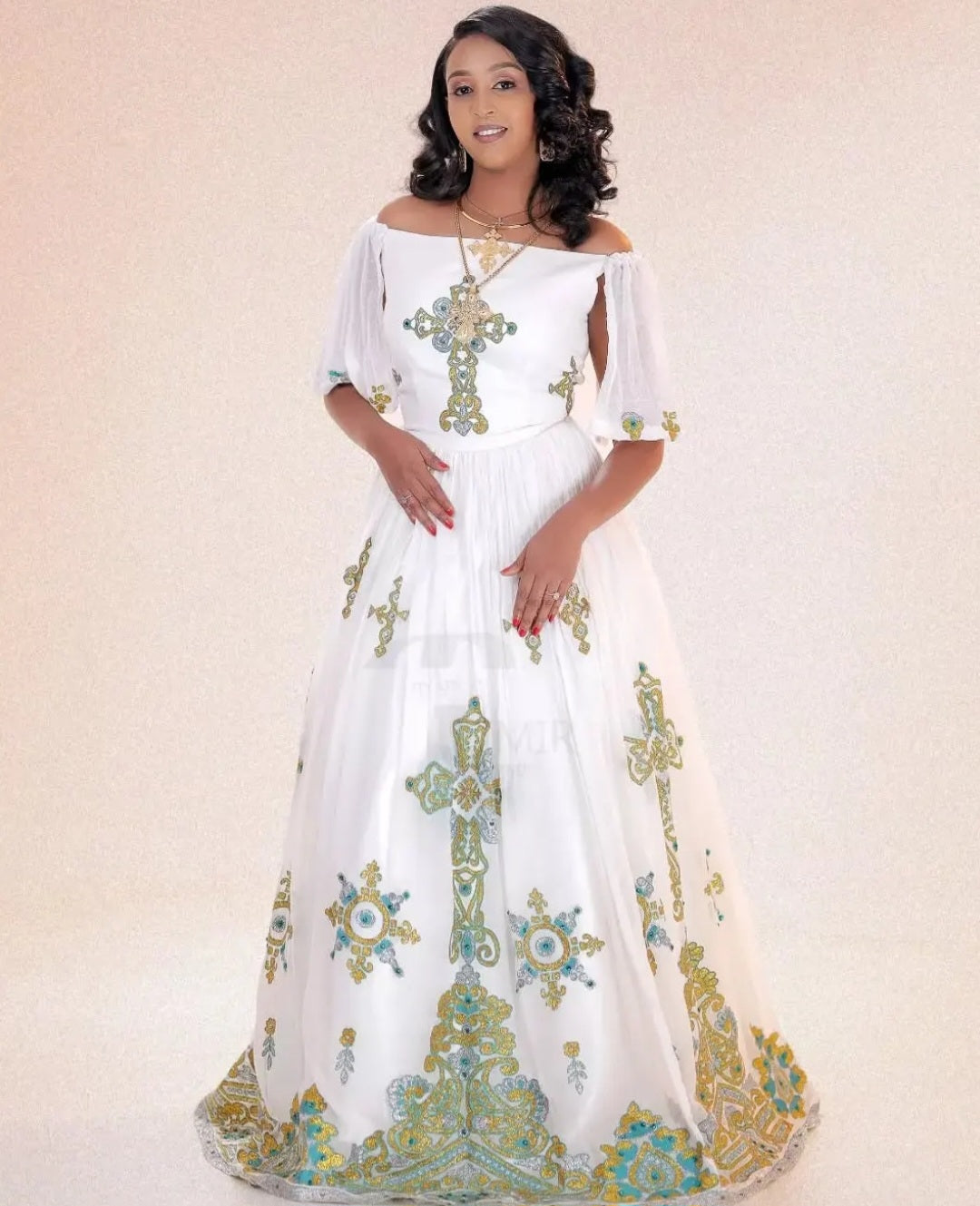 Custom Habesha Dress for Weddings- off-shoulder white dress with large cross embroidery Bezawit
