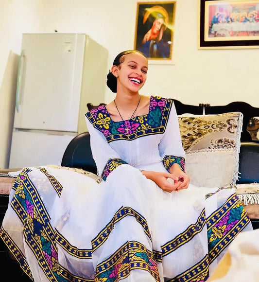 Traditional Ethiopian Attire with Vibrant Tilet - Elegant Habesha Dress for Women Bezawit