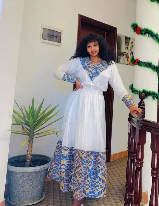 Elegant Traditional Ethiopian Habesha Dress - Handwoven Zuria with Blue & Gold Patterns Bezawit