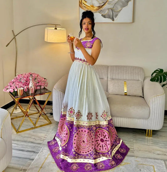 Modern Wedding Dress - Ethiopian Wedding Gown | Zuria with Purple & Pink Design Bezawit