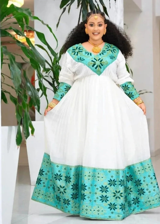 Elegant Traditional Ethiopian Habesha Dress - Zuria with Teal & Gold Floral Design Bezawit