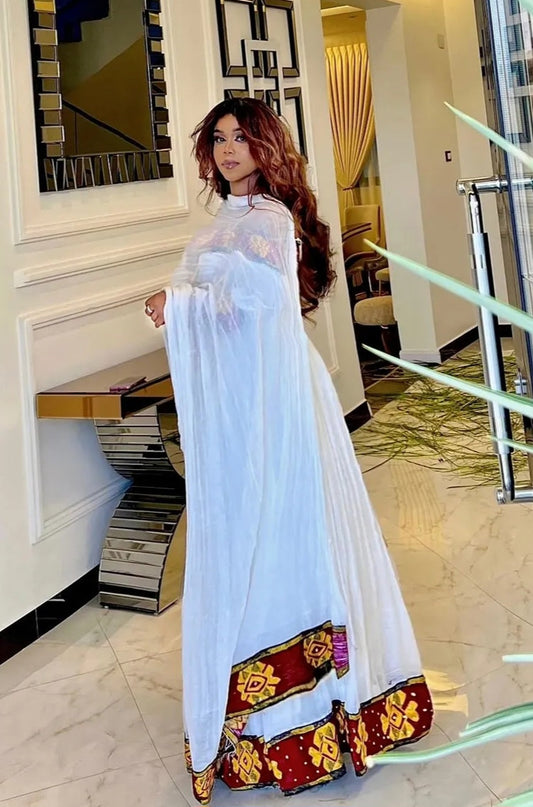 Elegant Off-Shoulder Habesha Dress - Ethiopian Cultural Dress with Bold Cross Design Bezawit