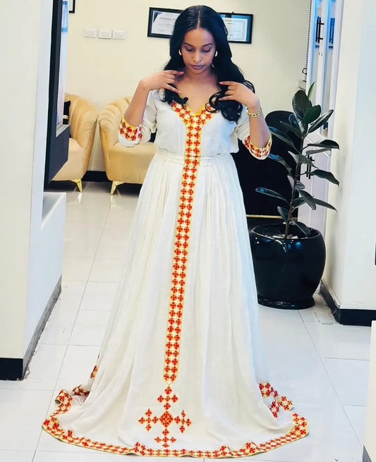 Custom Ethiopian Habesha Kemis Dress - Handmade White Zuria with Red & Gold Tilet Bezawit