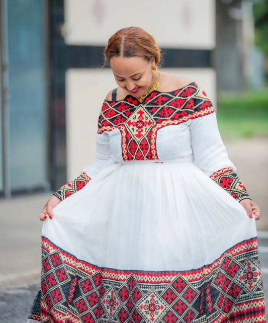 Striking White & Deep Red Ethiopian Dress for simple Celebrations Bezawit
