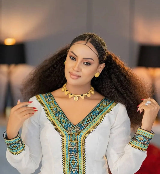 Royal White & Emerald Green Traditional Ethiopian Dress for Grand Events Bezawit